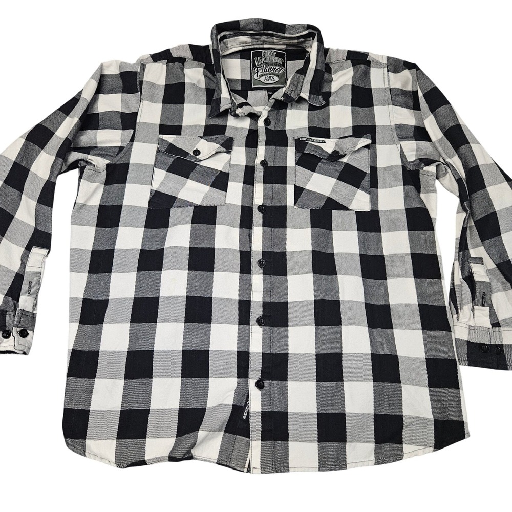 Hot Leathers Flannel Shirt Mens XXL Black White Buffalo Plaid Heavyweight Biker